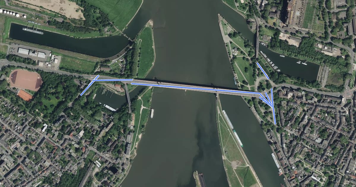Маршрут EuroVelo 15 - Rheinradweg - Verbindung Duisburg Friedrich-Ebert-Brücke на спутниковом снимке