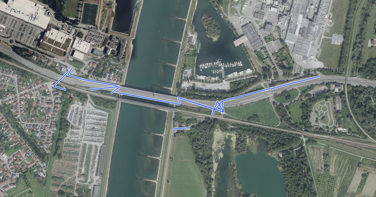 Маршрут EuroVelo 15 - Rheinradweg - Verbindung Karlsruhe Rheinbrücke на спутниковом снимке