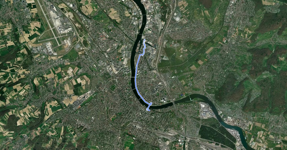 Маршрут EuroVelo 5 - Via Romea Francigena - Basel Grenze - St. Alban-Vorstadt на спутниковом снимке