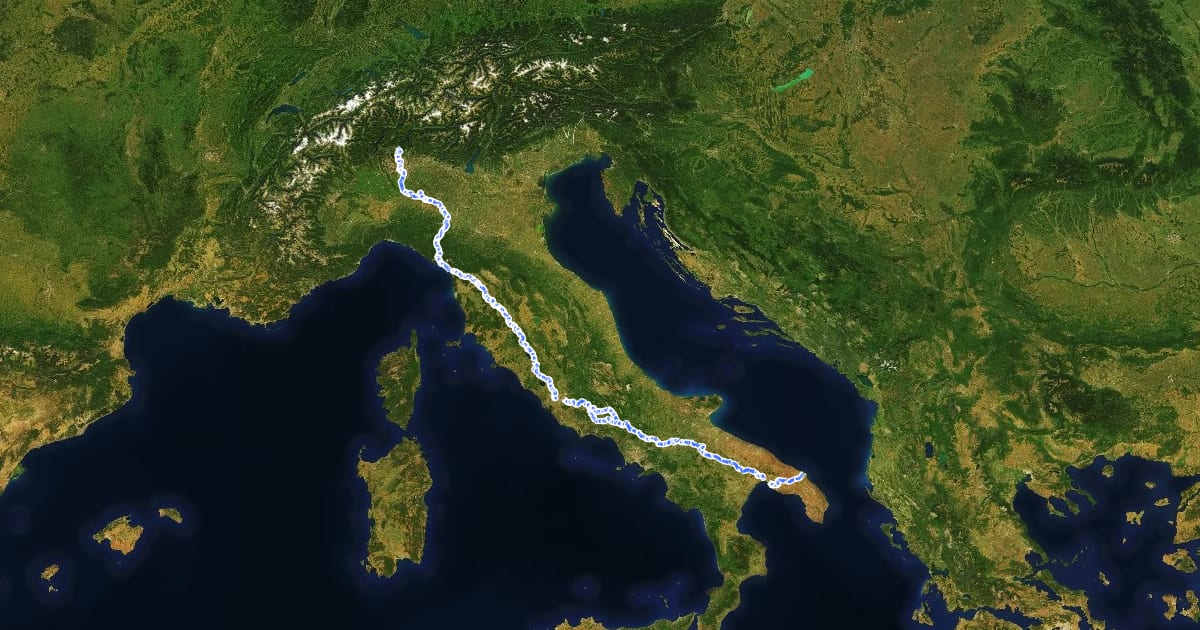 Маршрут EuroVelo 5 - Via Romea Francigena - parte Italia на спутниковом снимке