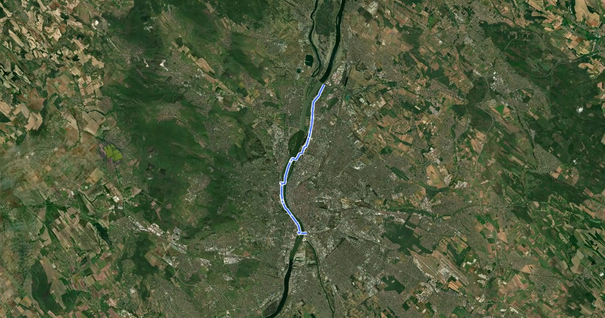 Маршрут EuroVelo 6 - Atlantic-Black Sea - part Hungary - Dunakeszi–Budapest на спутниковом снимке