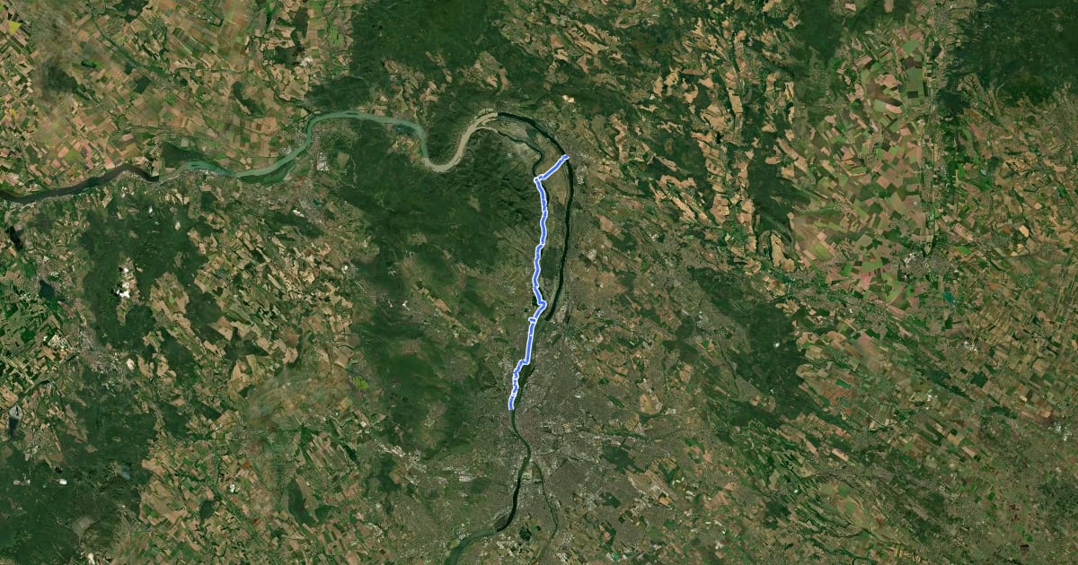 Маршрут EuroVelo 6 - Atlantic-Black Sea - part Hungary - Vác–Budapest на спутниковом снимке