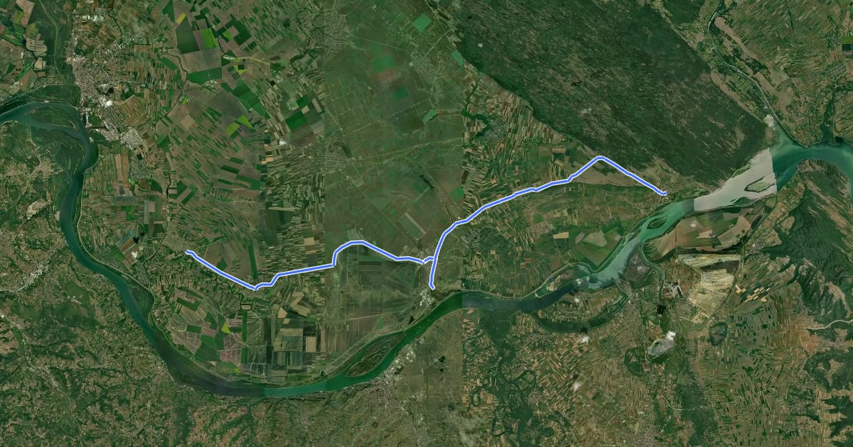 Маршрут EuroVelo 6 - Atlantic-Black Sea - part Serbia - Alternative route (asphalt to Kovin) на спутниковом снимке