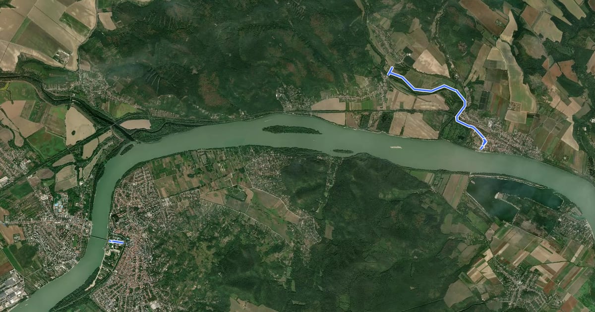 Маршрут EuroVelo 6 - Magyarországi szakasz - Esztergom–Szob (úsek Ostrihom-Soba) на спутниковом снимке