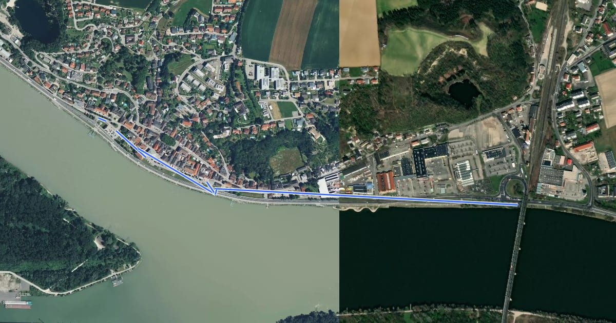 Маршрут EuroVelo 6 - part Austria - leg 5 common (Mauthausen) на спутниковом снимке