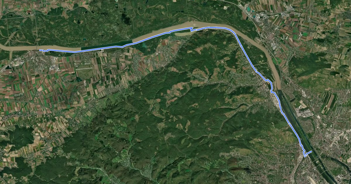 Маршрут EuroVelo 6 - part Austria - leg 8 south (Tulln - Wien) на спутниковом снимке