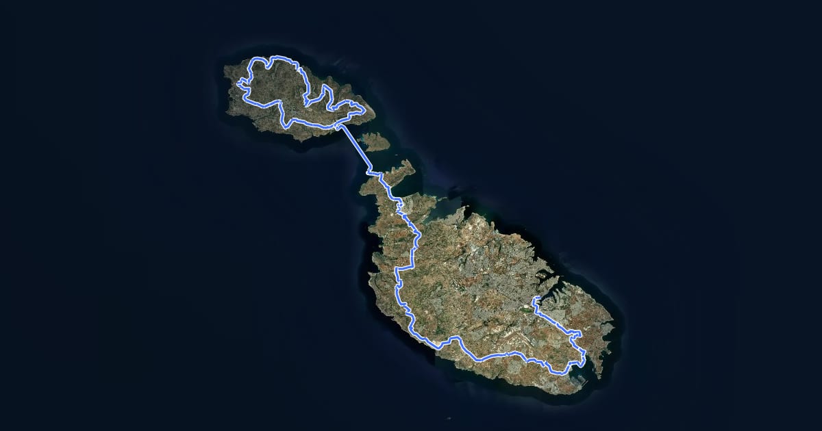 Маршрут EuroVelo 7 - Sun Route - part Malta на спутниковом снимке