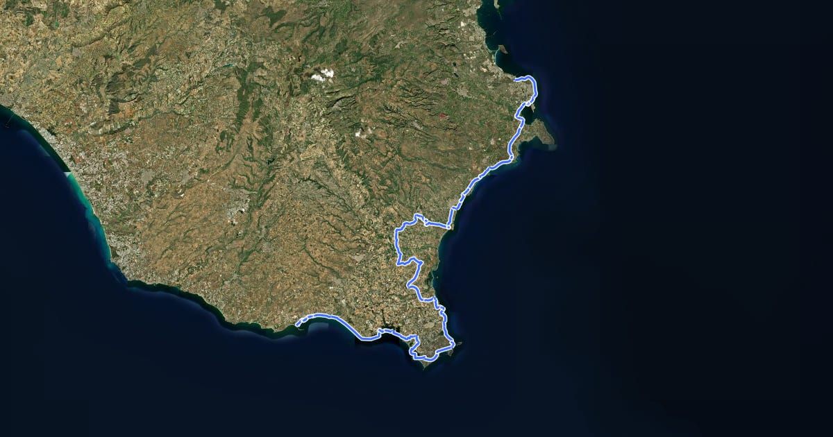Маршрут EuroVelo 7 - Sun Route - part Mediterranean Sea на спутниковом снимке