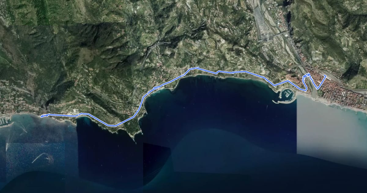 Маршрут EuroVelo 8 - Ciclovia del Mediterraneo - parte Italia 1 на спутниковом снимке