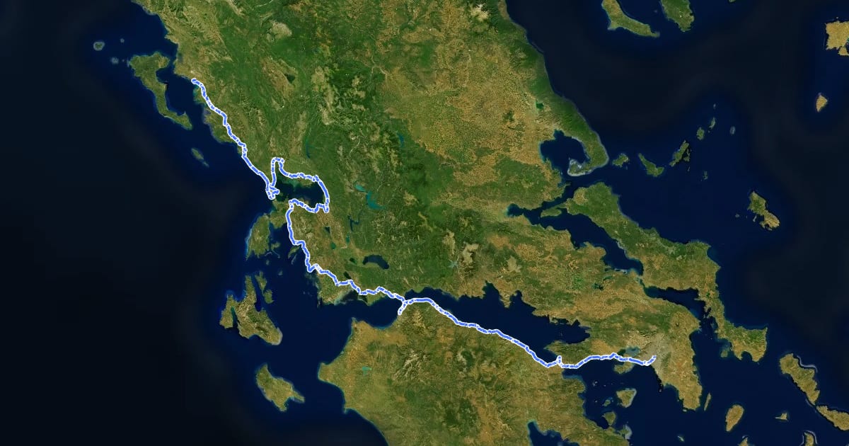 Маршрут EuroVelo 8 - Mediterranean Route - part Greece на спутниковом снимке