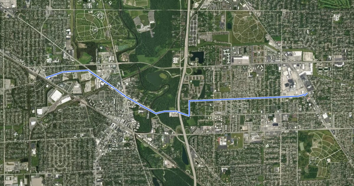 Маршрут Evanston - Elgin Bikeway на спутниковом снимке