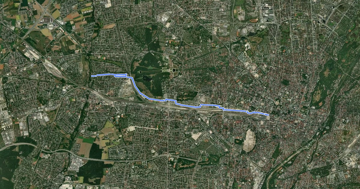 Маршрут Fahrradhauptroute Hauptbahnhof - Laim - Pasing на спутниковом снимке