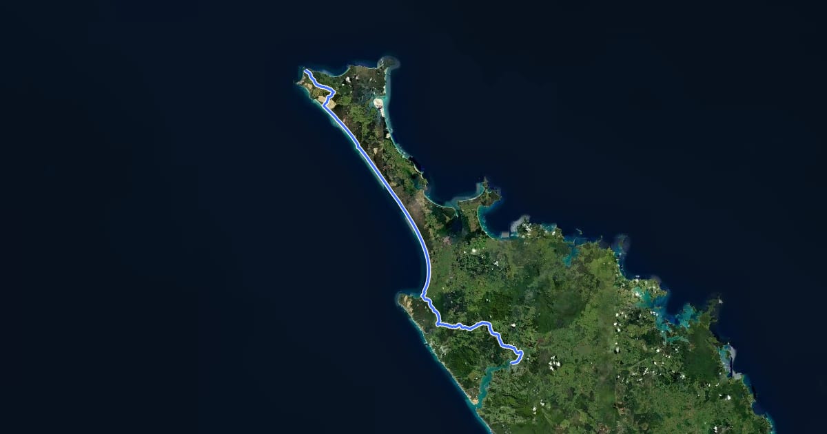 Маршрут Far North TA Cycleway на спутниковом снимке