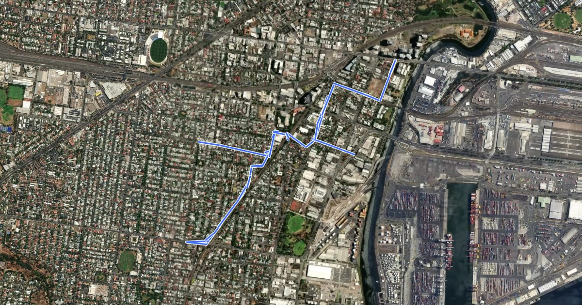 Маршрут Footscray Popup Bike routes на спутниковом снимке