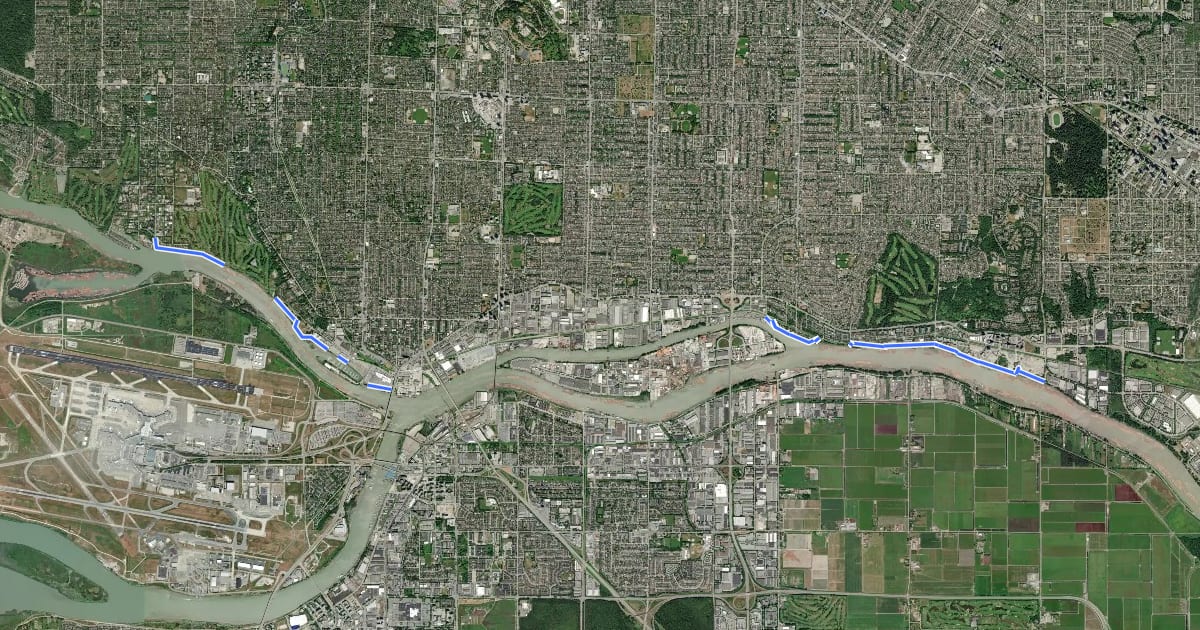 Маршрут Fraser River Trail на спутниковом снимке