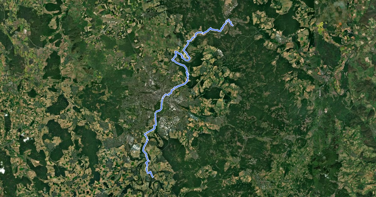 Маршрут Fuldahöhenweg (Teilstück Guxhagen - Weserstein / Hann. Münden) на спутниковом снимке
