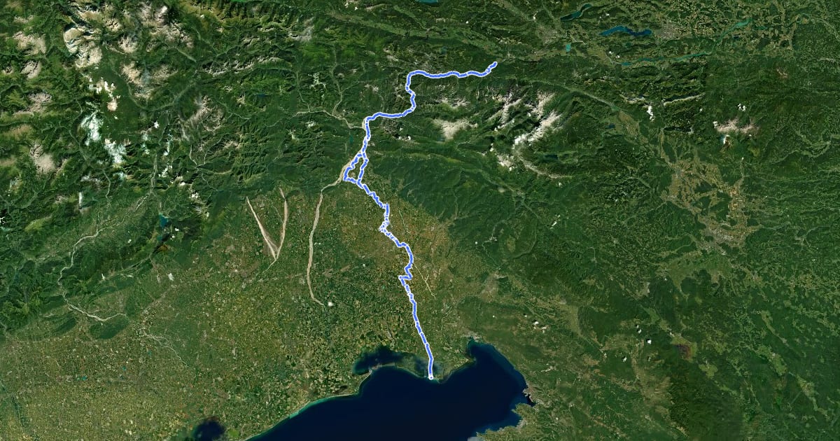 Маршрут FVG 1 (Ciclovia Alpe Adria) на спутниковом снимке
