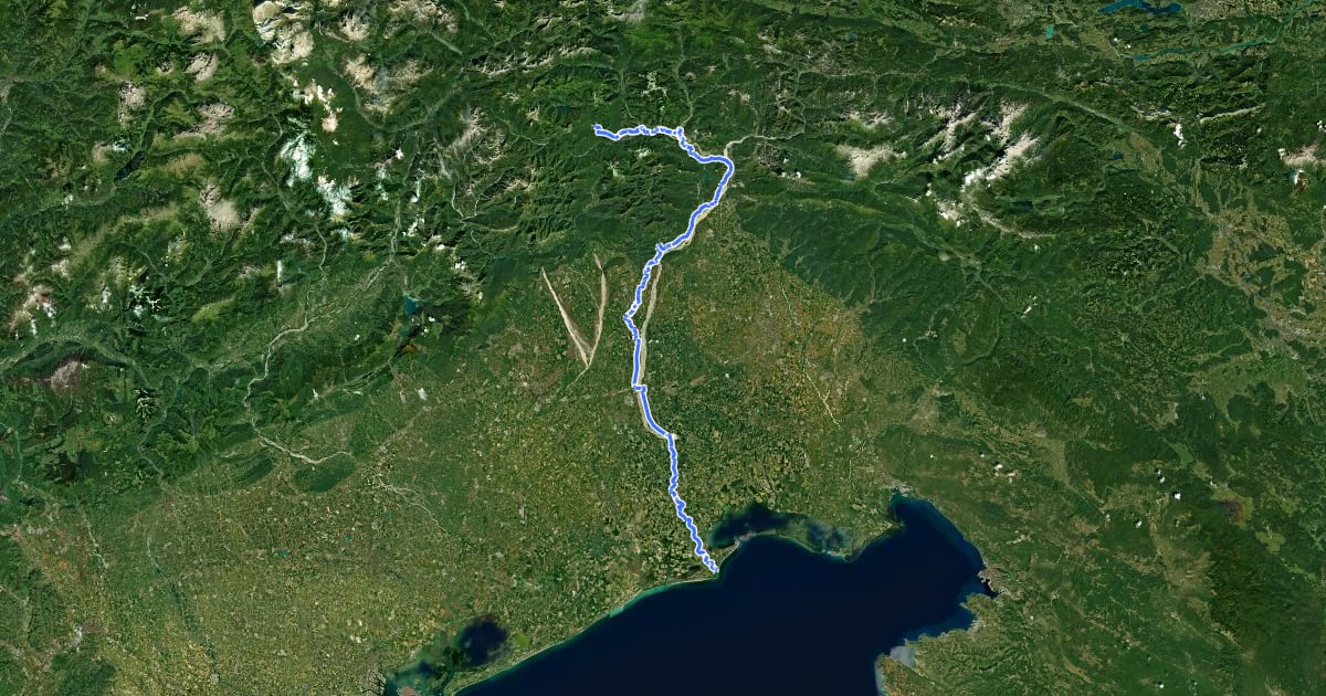 Маршрут FVG 6 - Ciclovia del Tagliamento на спутниковом снимке