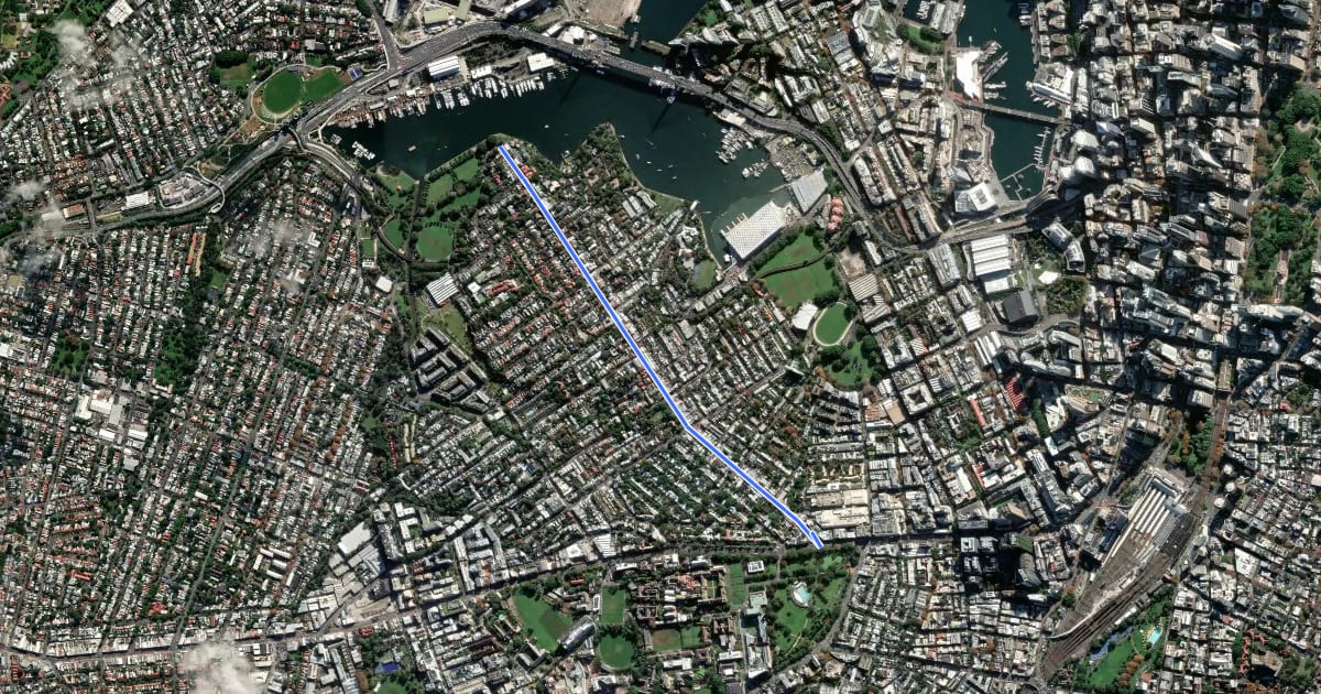 Маршрут Glebe Point Road на спутниковом снимке