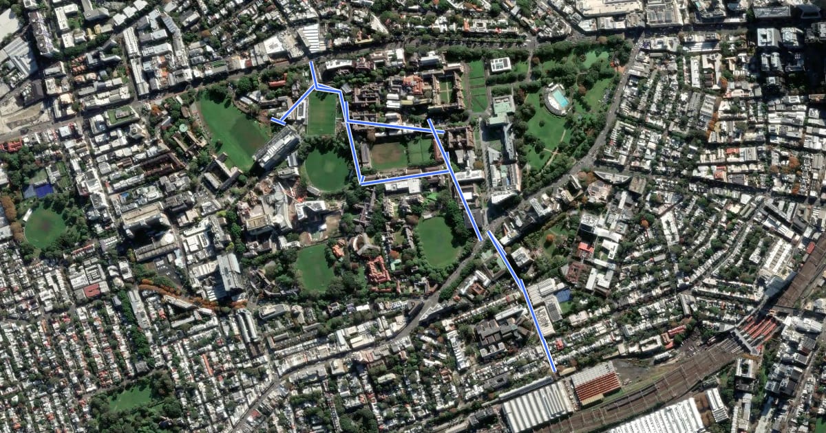 Маршрут Glebe to Eveleigh на спутниковом снимке