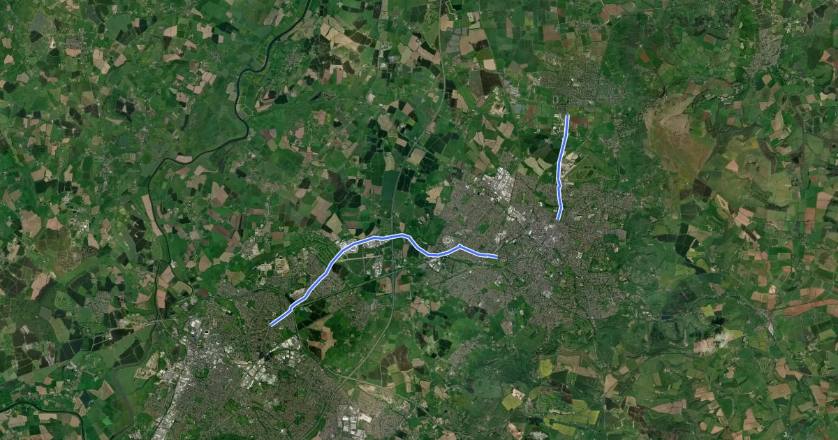 Маршрут Gloucestershire Cycle Spine на спутниковом снимке