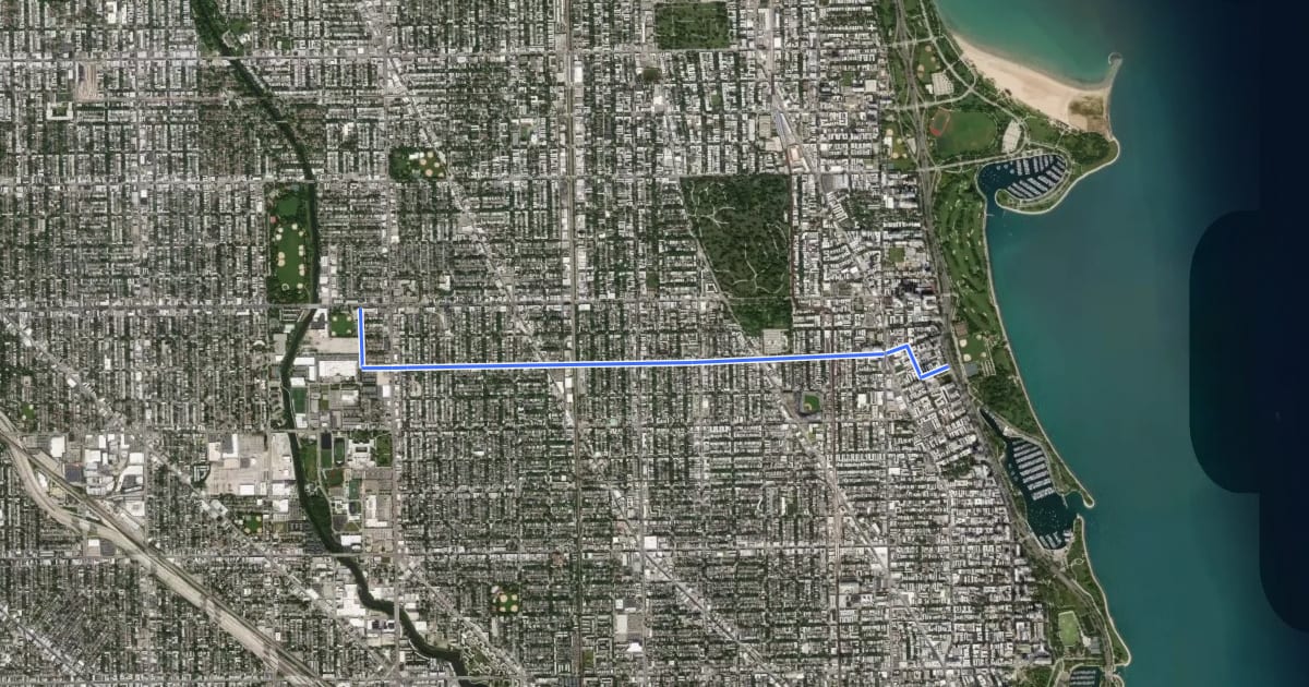 Маршрут Grace Street Neighborhood Greenway на спутниковом снимке