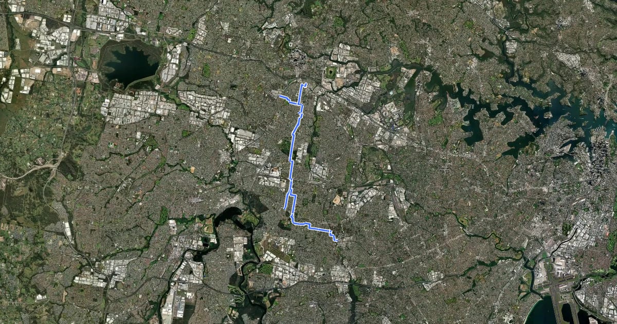 Маршрут Granville - Merrylands - Guildford - Chester Hill - Bass Hill - Georges Hall - Yagoona - Bankstown на спутниковом снимке