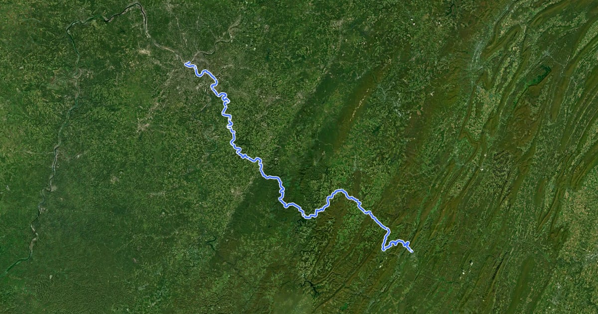 Маршрут Great Allegheny Passage на спутниковом снимке