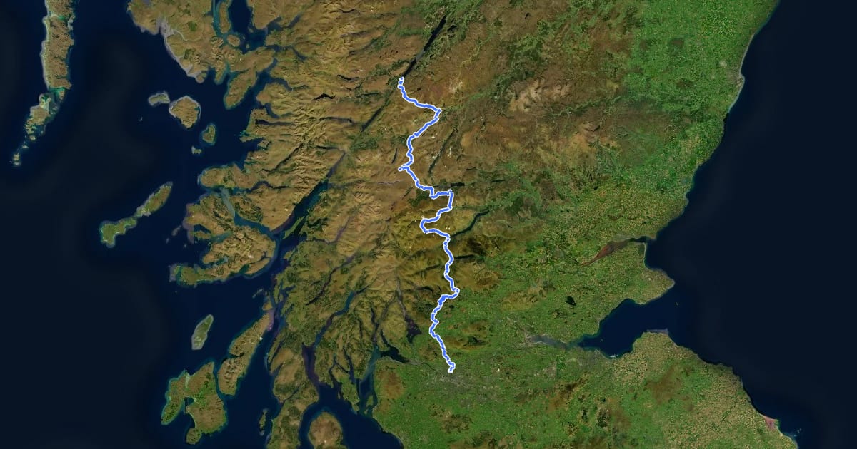 Маршрут Great North Trail (Grampian Mountains) на спутниковом снимке