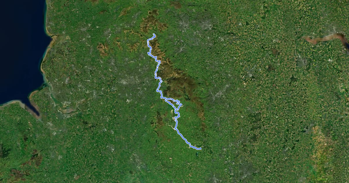 Маршрут Great North Trail (Peak District and South Pennines) на спутниковом снимке