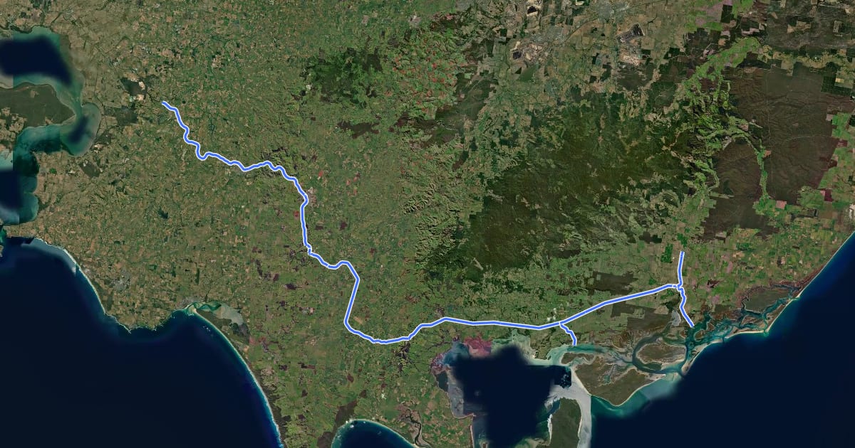 Маршрут Great Southern Rail Trail на спутниковом снимке