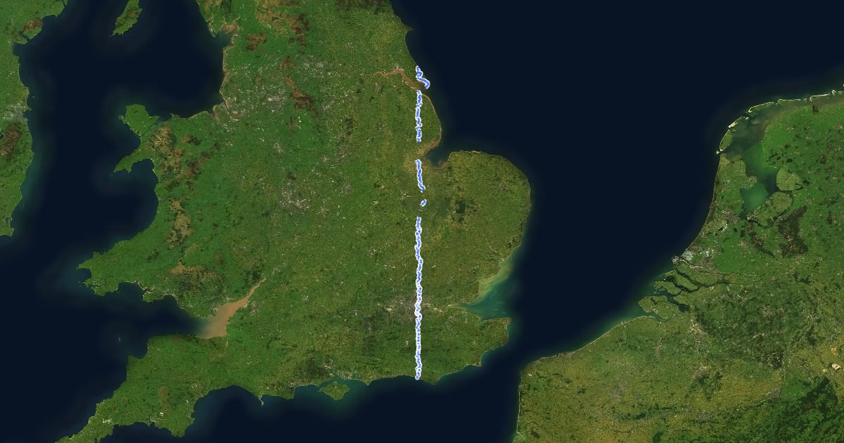 Маршрут Greenwich Meridian Trail на спутниковом снимке