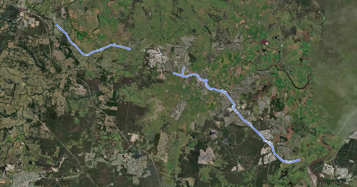Маршрут Greta – Maitland – Newcastle на спутниковом снимке