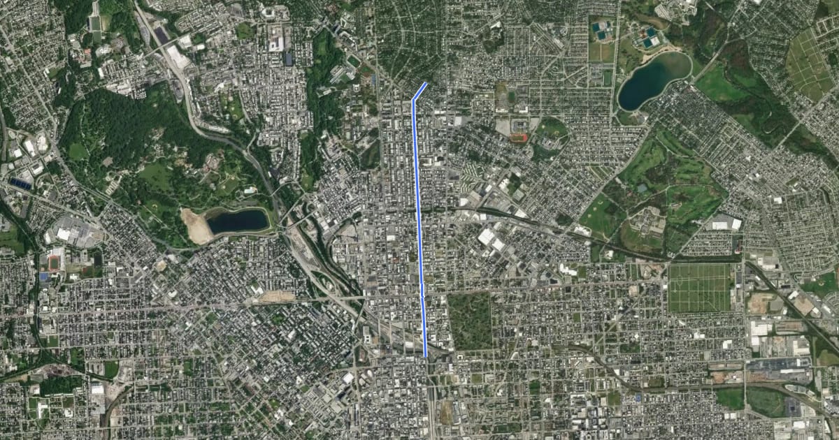 Маршрут Guilford Avenue Bike Boulevard на спутниковом снимке