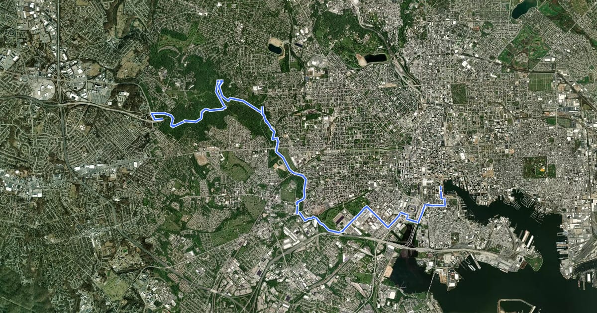 Маршрут Gwynns Falls Trail (Inbound) на спутниковом снимке