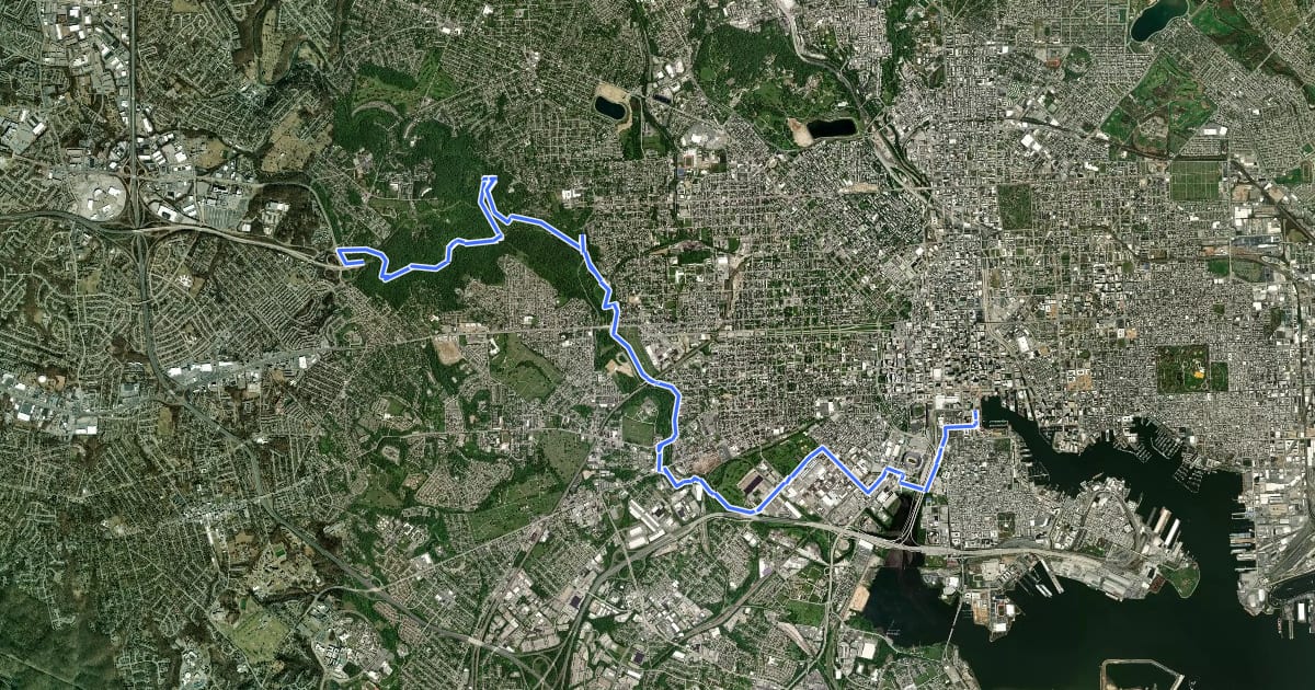 Маршрут Gwynns Falls Trail (Outbound) на спутниковом снимке
