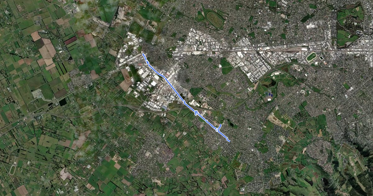 Маршрут Halswell Junction Cycleway на спутниковом снимке