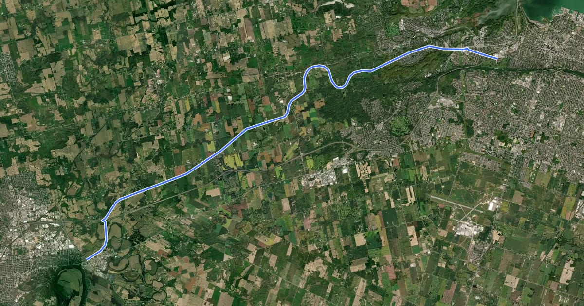 Маршрут Hamilton-Brantford Rail Trail на спутниковом снимке