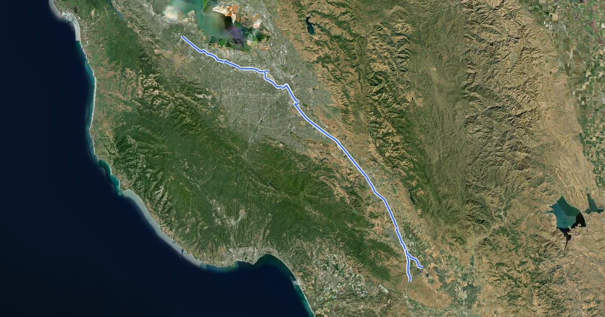 Маршрут Highway 101 Corridor на спутниковом снимке