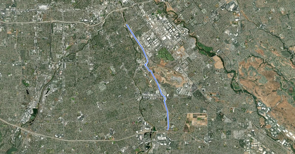 Маршрут Highway 87 Bikeway на спутниковом снимке