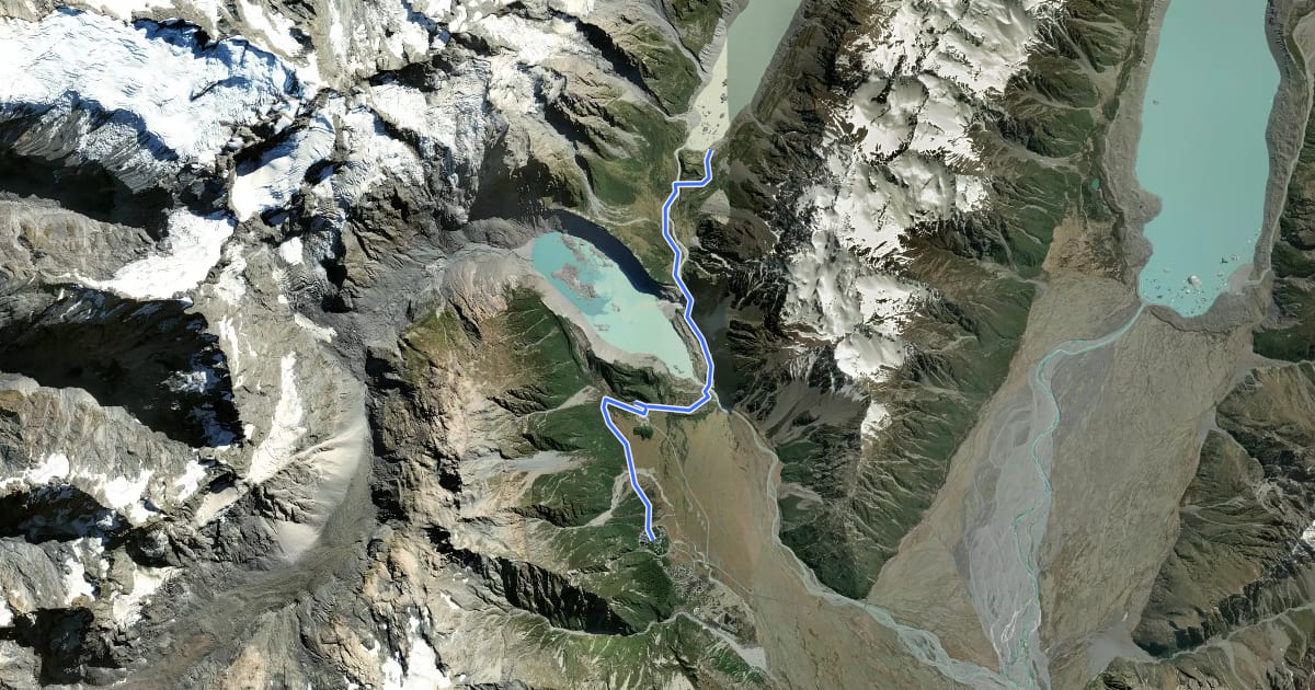 Маршрут Hooker Valley Track на спутниковом снимке