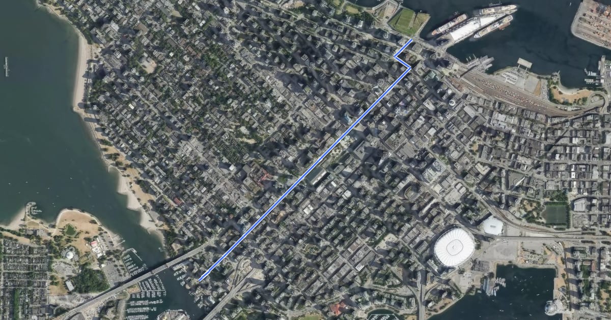 Маршрут Hornby Bikeway на спутниковом снимке