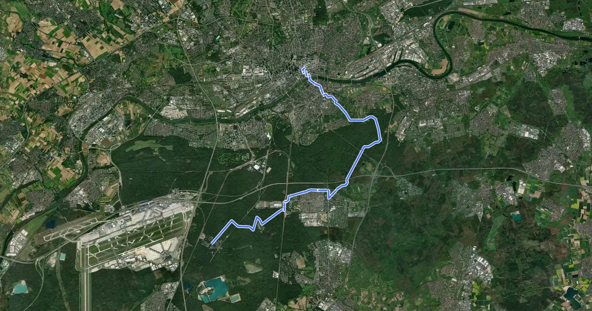 Маршрут Hugenotten- und Waldenserpfad, Etappe Zeppelinheim - Frankfurt (Main) на спутниковом снимке