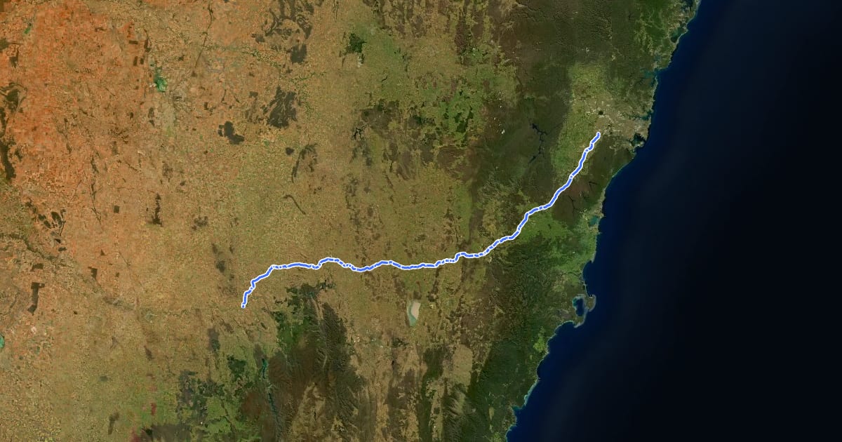 Маршрут Hume Highway (shoulders) на спутниковом снимке