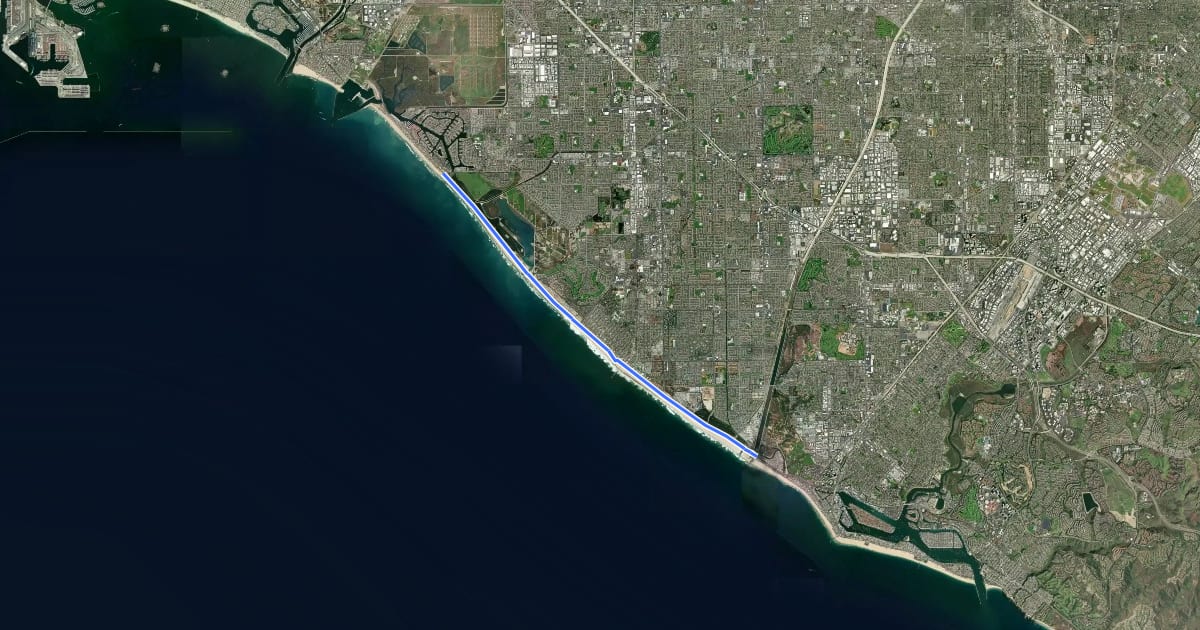 Маршрут Huntington Beach Bike Trail на спутниковом снимке