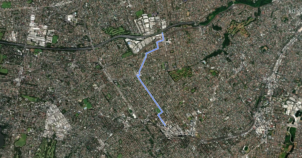 Маршрут Hurstville Kingsgrove на спутниковом снимке