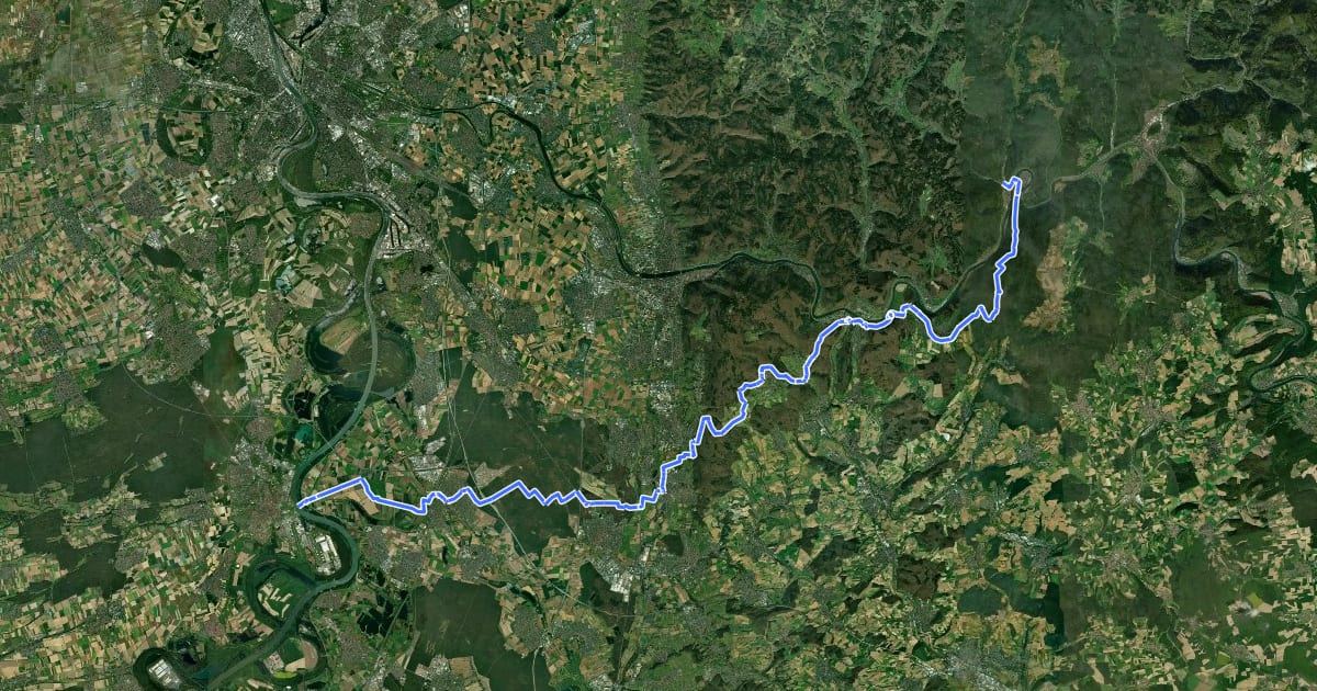 Маршрут HW 21: Franken-Hessen-Kurpfalz-Weg Teil 1 (Hirschhorn - Speyer) на спутниковом снимке