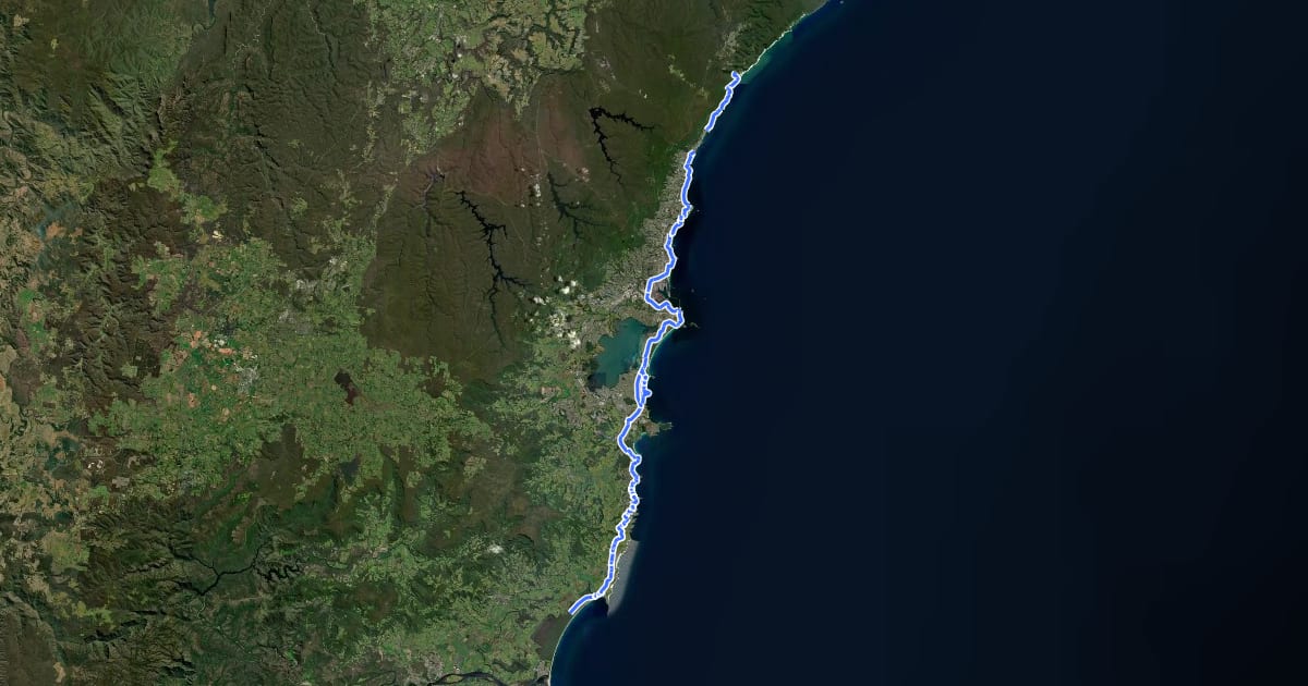 Маршрут Illawara NSW Coastline Cycleway на спутниковом снимке