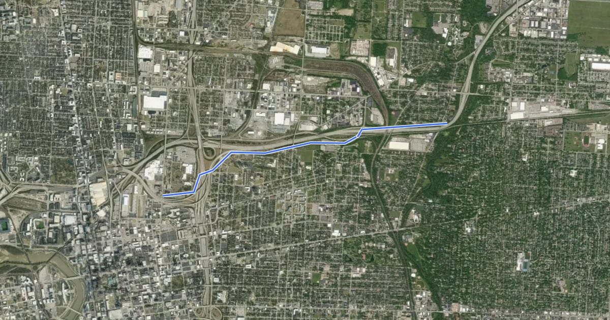 Маршрут Interstate 670 Bikeway на спутниковом снимке