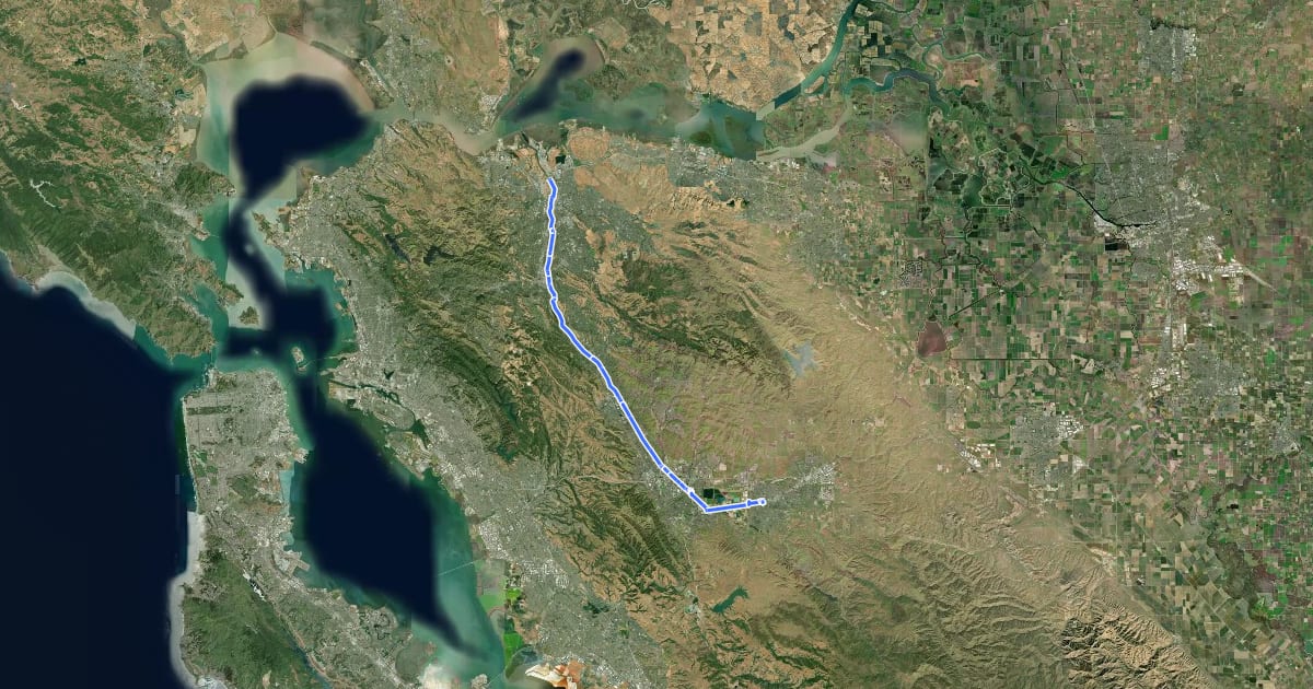 Маршрут Iron Horse Regional Trail на спутниковом снимке